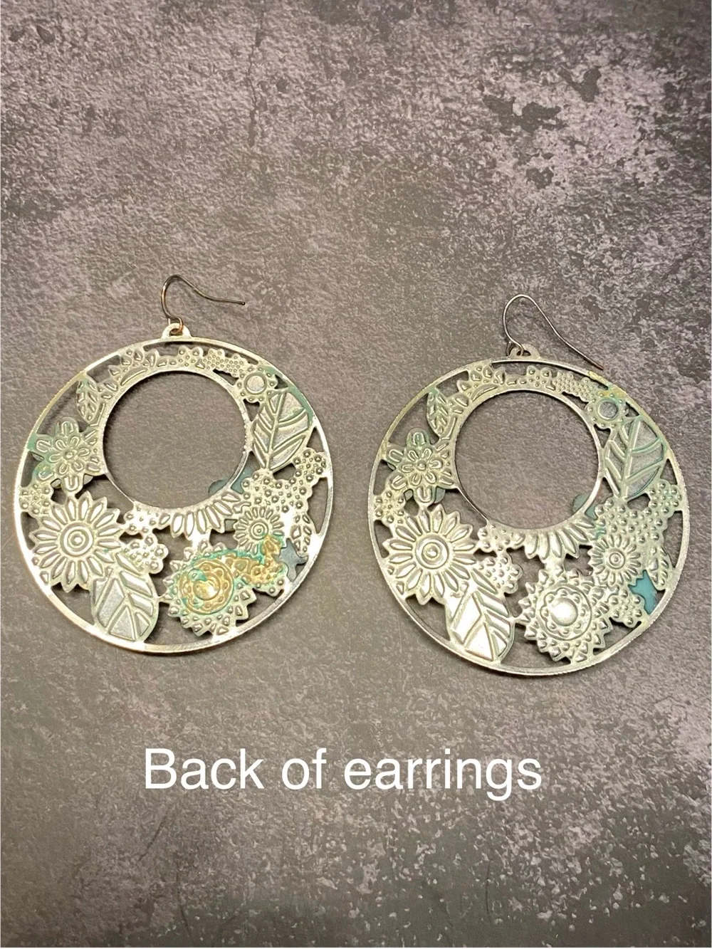 Boho Silver and Shades of Green Floral Circular Hoop Statement Earrings
